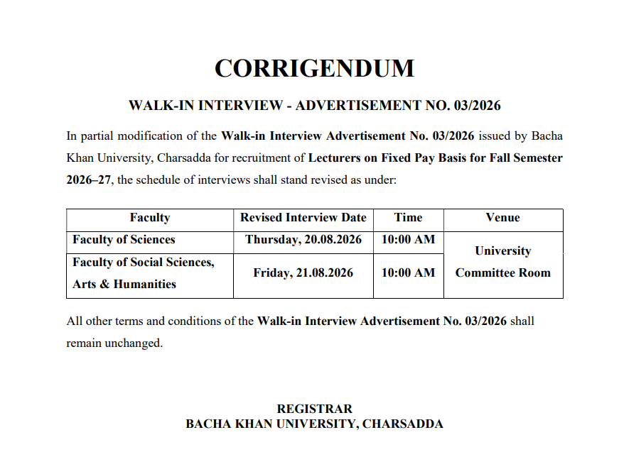 CORRIGENDUM WALK-IN INTERVIEW - ADVERTISEMENT NO. 03/2026